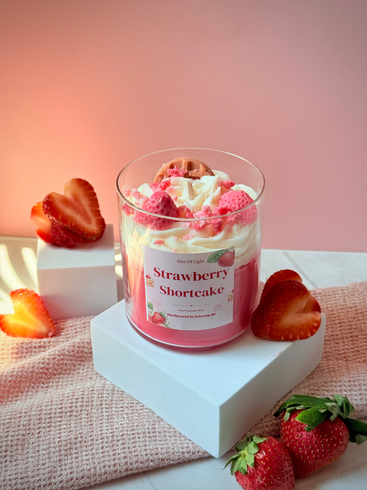 Dessert candles: Strawberry Shortcake coconut soy candle with a whipped wax top and fresh strawberries