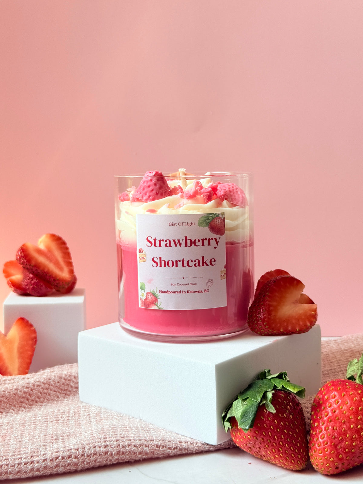 Strawberry Shortcake dessert candle in coconut soy wax with strawberry and cream wax topping