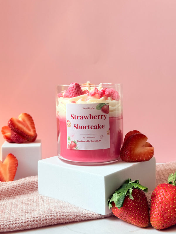Strawberry Shortcake dessert candle in coconut soy wax with strawberry and cream wax topping