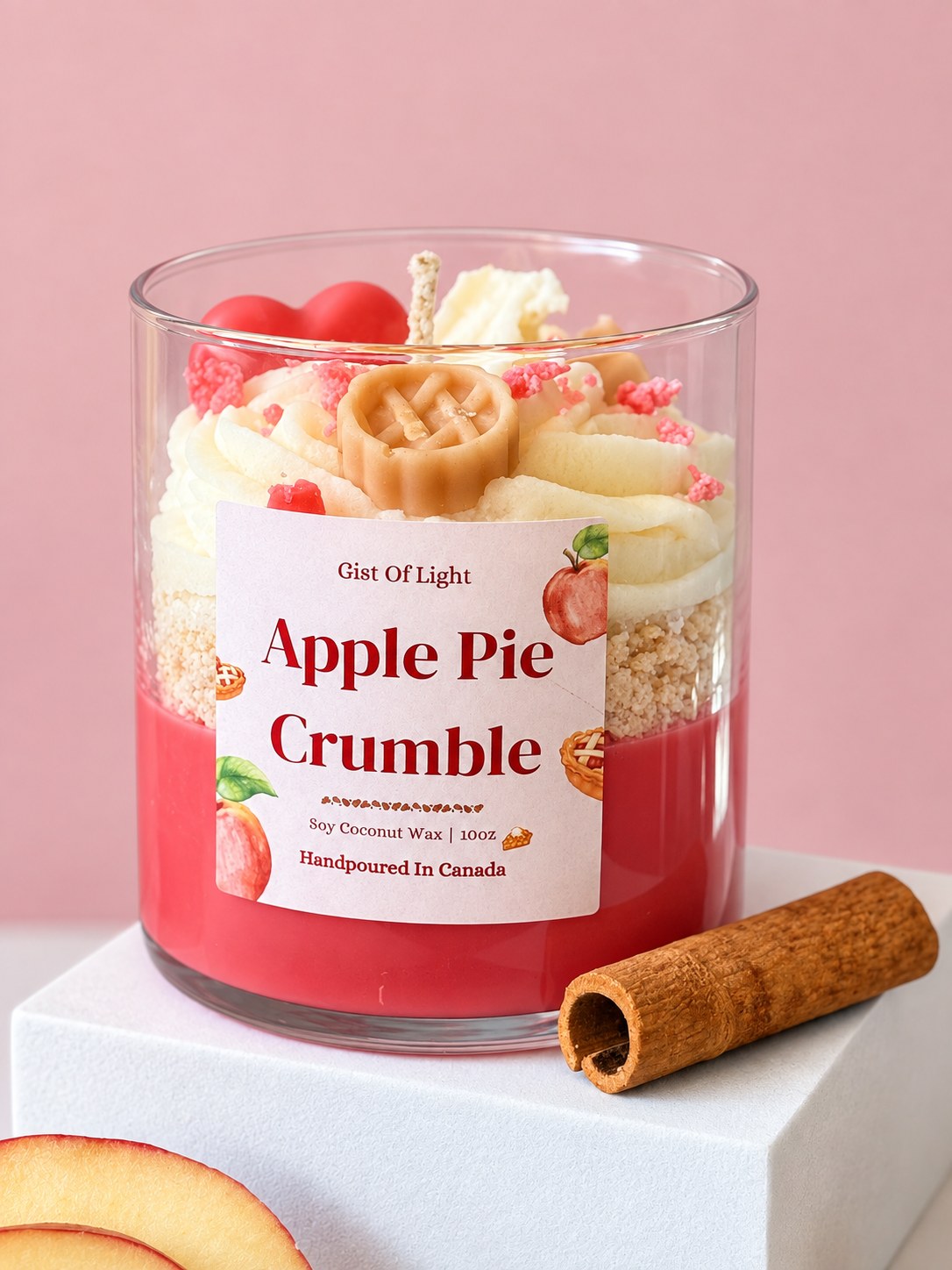 Apple Pie Crumble coconut soy candle in a clear glass jar, front label, hand poured in Kelowna BC