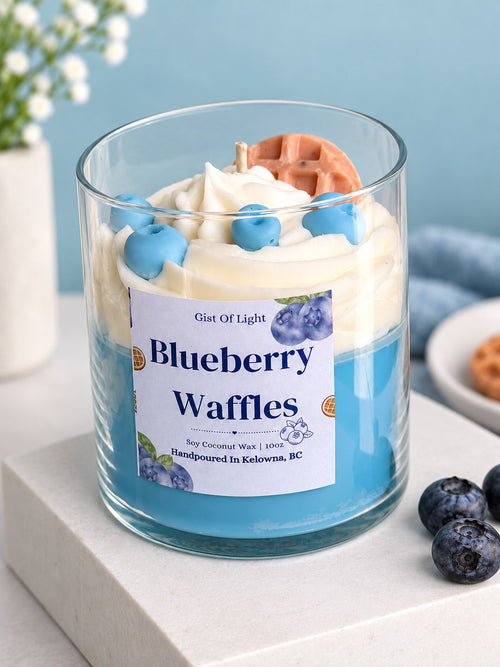Blueberry Waffles coconut soy candle in a clear glass jar, front label, hand poured in Kelowna BC