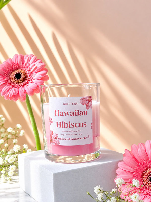 Hawaiian Hibiscus candle in a clear glass jar, front label, 5 oz coconut soy wax from Kelowna BC