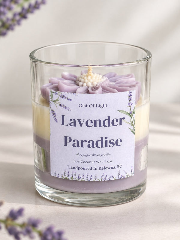Lavender Paradise coconut soy candle in a clear glass jar, front label, hand poured in Kelowna BC