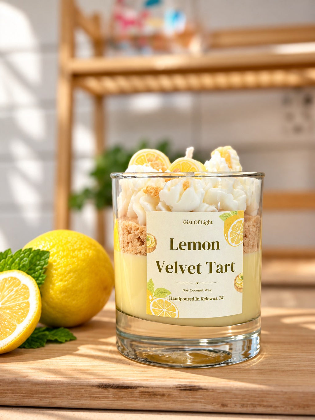 Lemon Velvet Tart coconut soy candle in a clear glass jar, front label, hand poured in Kelowna BC