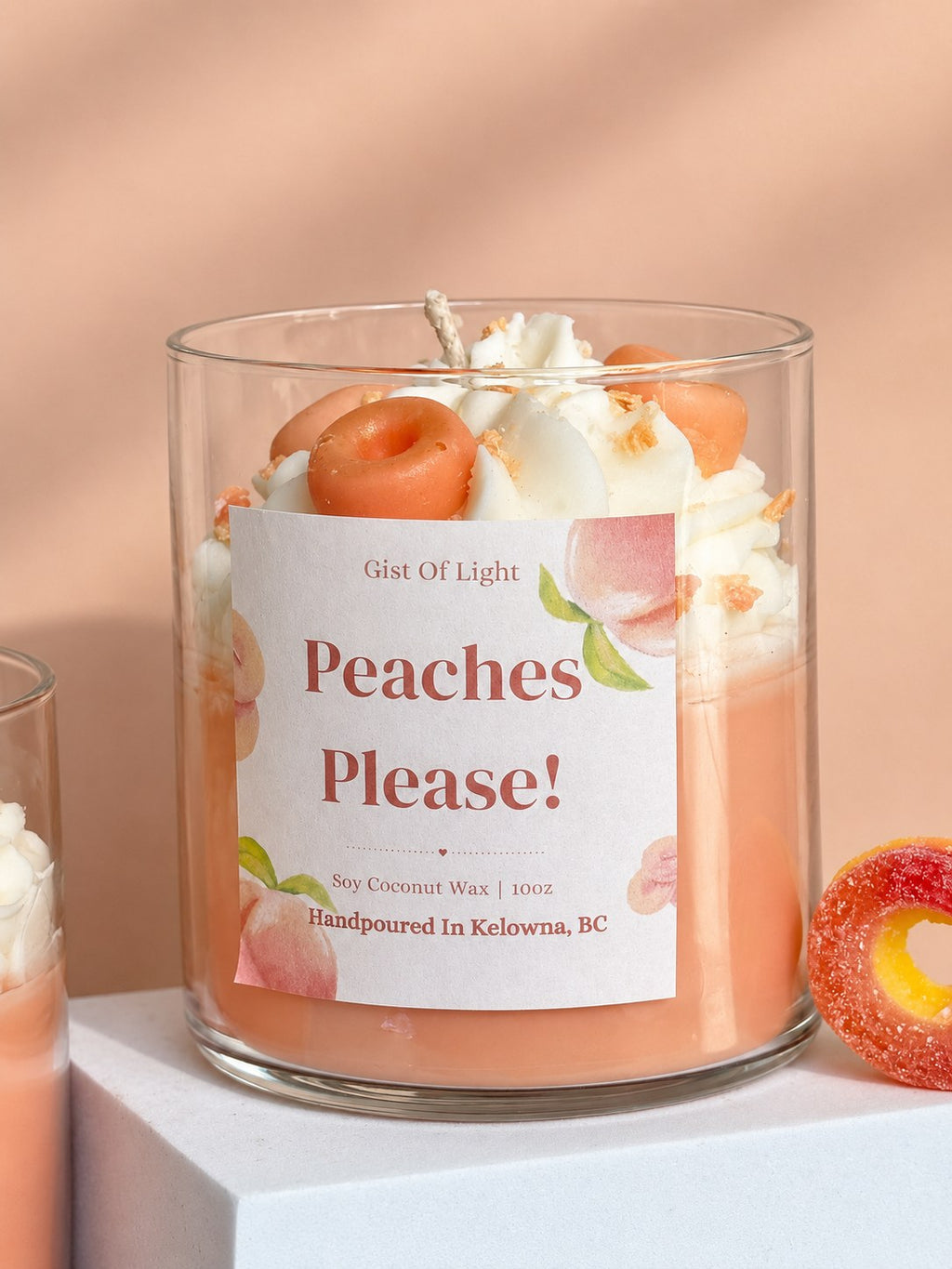 Peaches Please! coconut soy candle in a clear glass jar, front label, hand poured in Kelowna BC