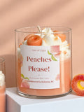 Peaches Please! coconut soy candle in a clear glass jar, front label, hand poured in Kelowna BC