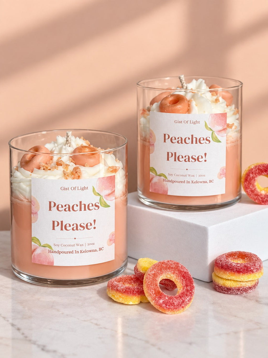 Two Peaches Please! candles in afternoon sunlight showing the peach coloured wax base