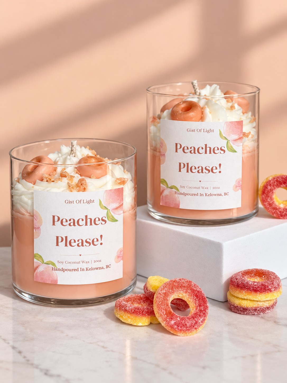 Two Peaches Please! candles in afternoon sunlight showing the peach coloured wax base