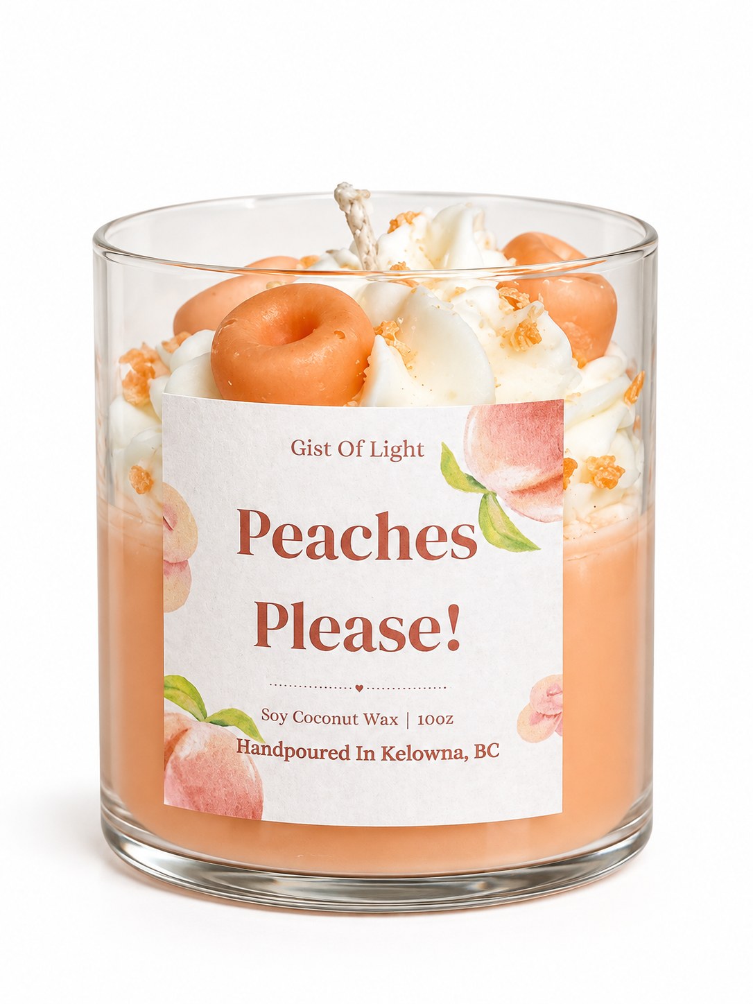 Peaches Please! 10 oz hand poured candle on a plain white background