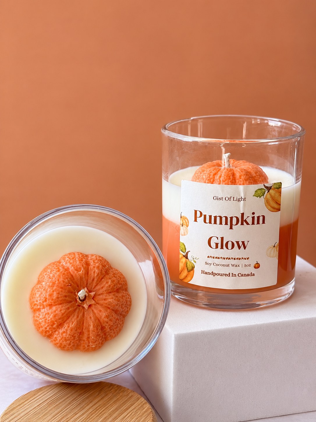 Pumpkin Glow coconut soy candle in a clear glass jar, front label, 5 oz, hand poured in Kelowna BC