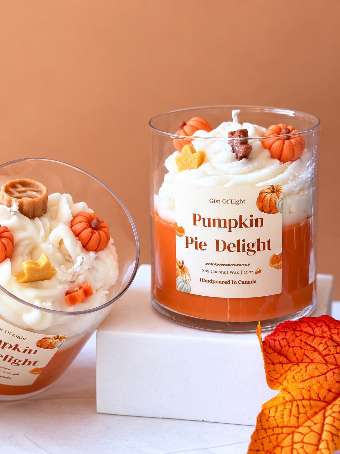 Pumpkin Pie Delight coconut soy candle in a clear glass jar, front label, 10 oz, hand poured in Kelowna BC