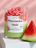 Watermelon Oasis coconut soy candle in a clear glass jar, front label, hand poured in Kelowna BC