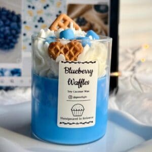 Blueberry Waffles scented soy coconut wax candle with waffle and blueberry toppings, handcrafted in.