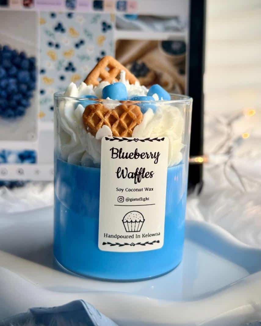 Blueberry Waffles scented soy coconut wax candle with waffle and blueberry toppings, handcrafted in.