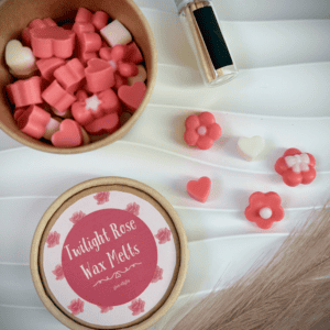 Twilight Rose scented wax melts in pink and white heart and flower shapes.
