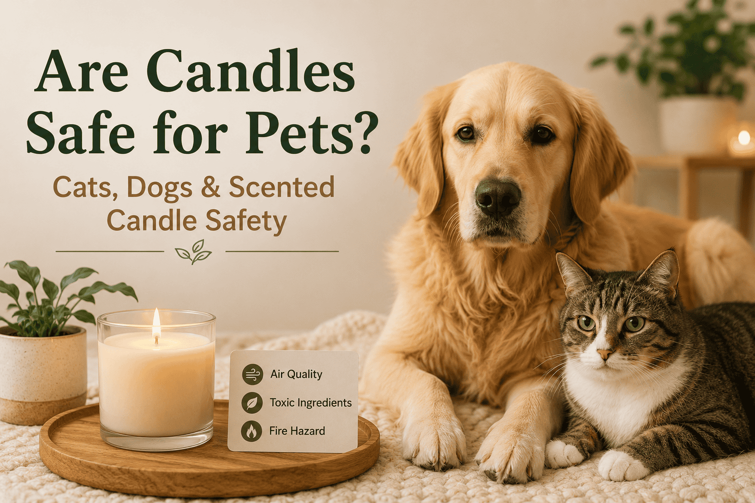 Dog and cat with candle, pet safety tips for scented candles.