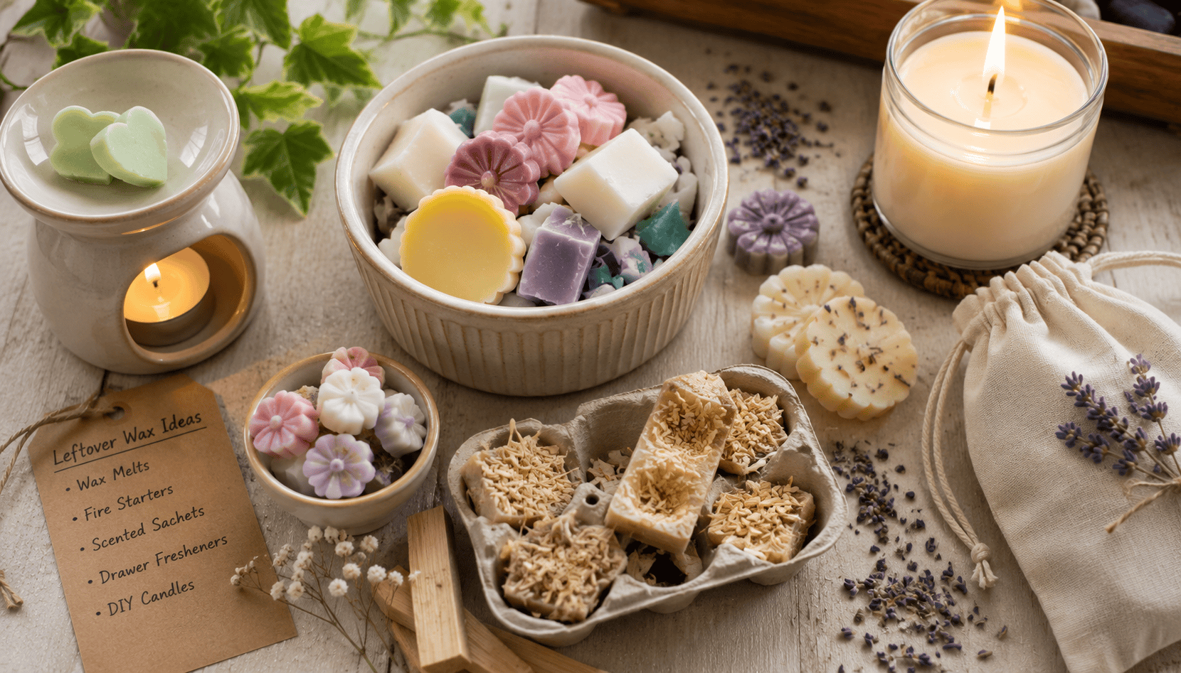 Natural soap and candle arrangement for relaxation and self-care.
