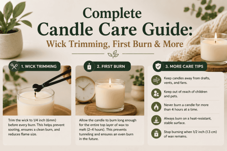 Step-by-step candle care tips for wick trimming, first burn, and safety.
