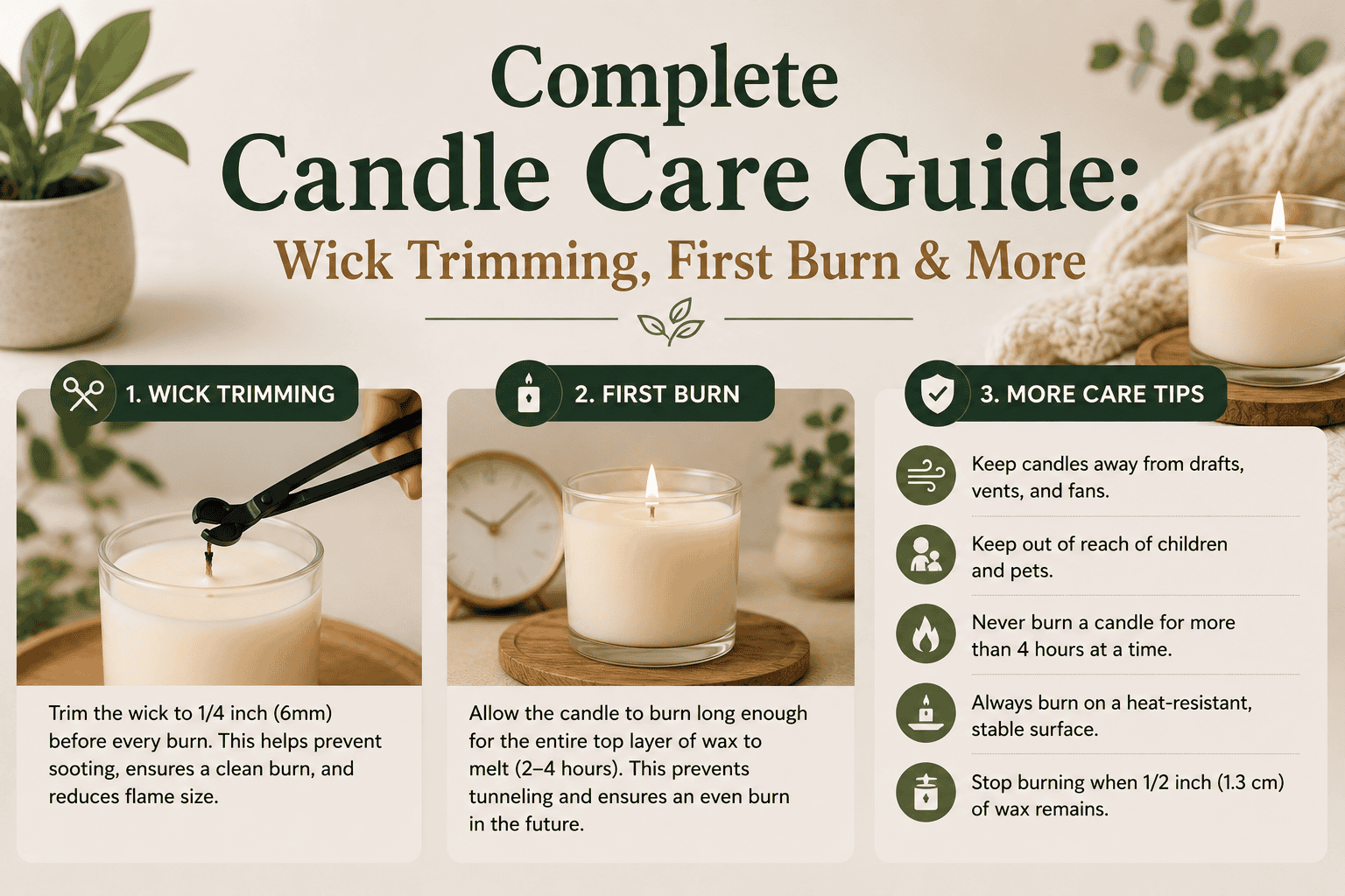 Step-by-step candle care tips for wick trimming, first burn, and safety.