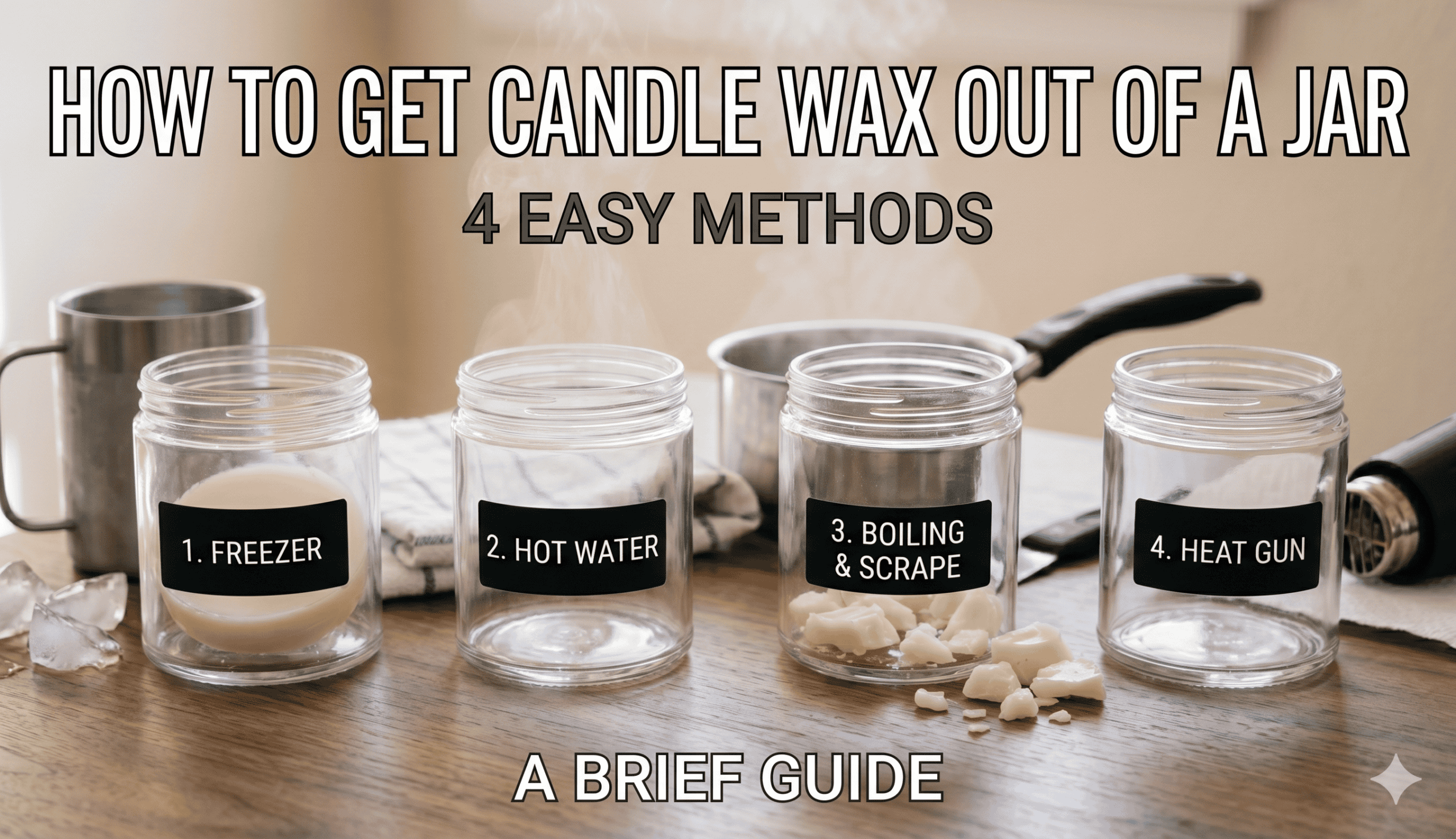 Step-by-step guide on removing candle wax from jars with four easy methods.