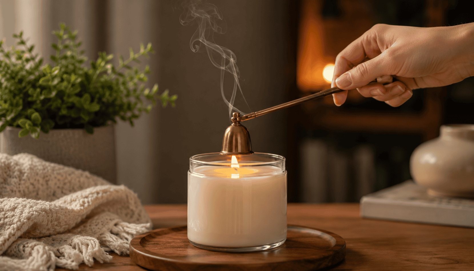 Candle with incense smoke creating a calming ambiance in a cozy setting.