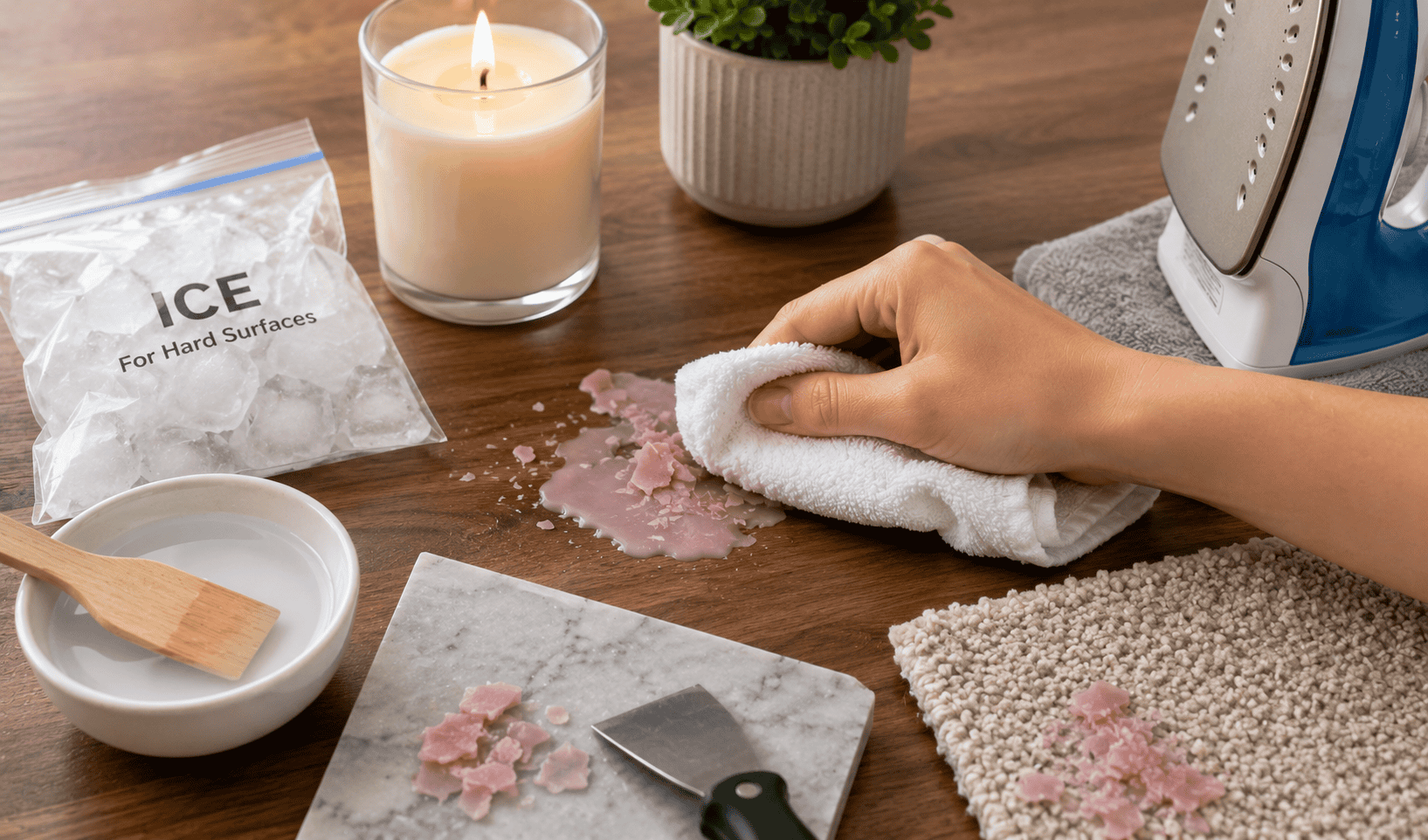 Person cleaning ice and salt from a hard surface with a cloth and spatula.