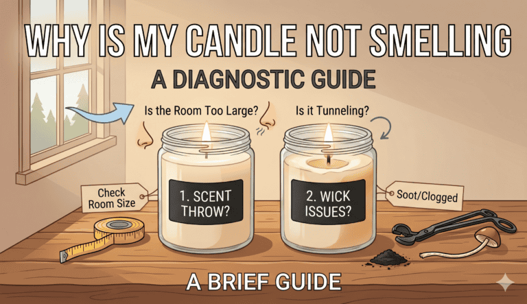 Illustration of candles with troubleshooting tips for scent issues and wick problems.