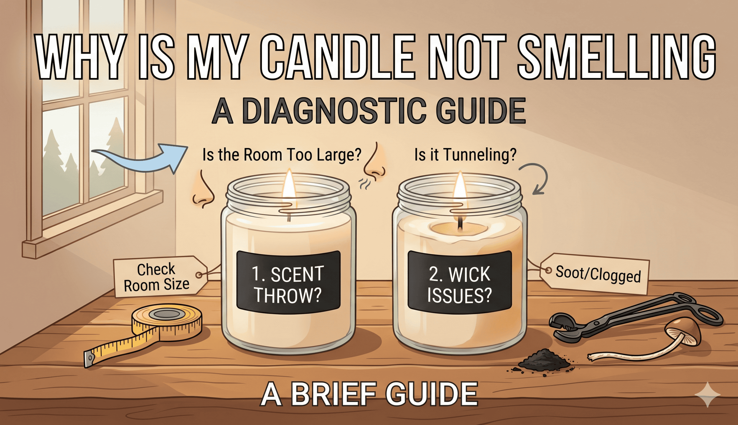 Illustration of candles with troubleshooting tips for scent issues and wick problems.