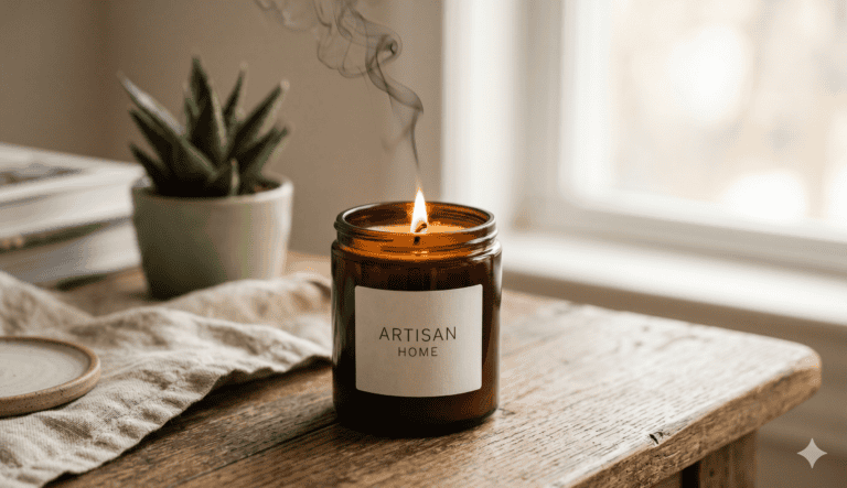 Burning artisan home scented candle in a cozy setting with natural light.
